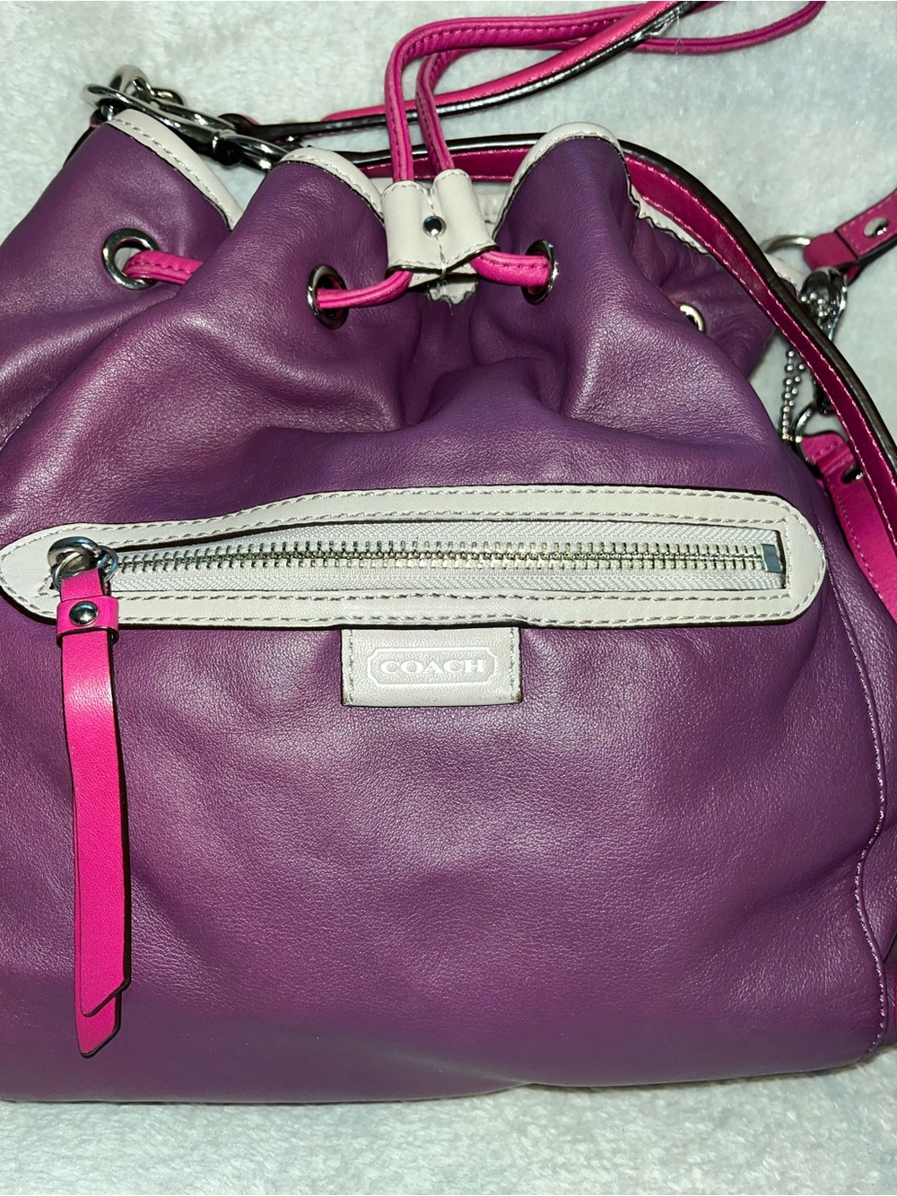 Coach Purple & Hot Pink Leather Drawstring Shoulder Bag - Picture 2 of 13